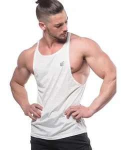 Close-up of white breathable mesh workout tank top for men's fitness and gym training