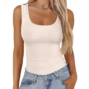 Detailed view of women's slim-fit cream ribbed sleeveless tank top with round neck
