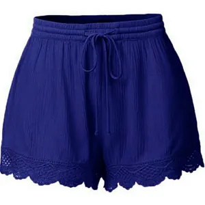 Short décontracté bleu foncé pour femme avec cordon de serrage et bordure en dentelle