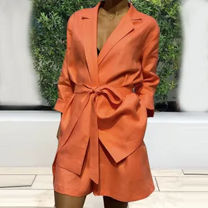 Women Elegant Two Piece Set Long Sleeve Tie Waist Blazer Top and Shorts Solid Color Casual Summer Office Suit