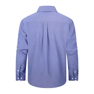 Premium men's blue long-sleeved Oxford shirt shown from the back on white background