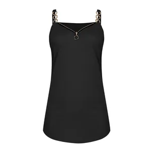 Black women's V-neck sleeveless top with gold chain straps and zipper detail