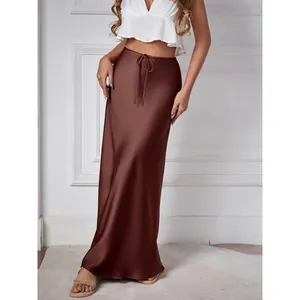 Elegant brown acetate maxi skirt with high waist drawstring and A-line silhouette
