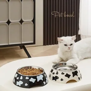 Large Capacity Stainless Steel Pet Bowl Cow Pattern Non-slip Detachable Dog Cat Food Water Feeder Easy To Clean Pet Feeding Supplies