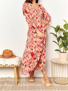 Elegant floral printed long sleeve maxi dress featuring a chic ruffled V-neckline design