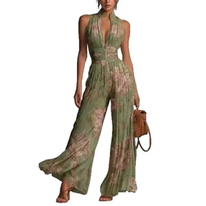 Sexueller grüner Jumpsuit mit Blumenmuster, V-Ausschnitt, Reißverschluss und weitem Bein