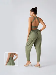 Women Sexy Jumpsuit Sleeveless Halter Neck Backless Cuffed Harem Pants Solid Color Polyester Casual Summer Streetwear
