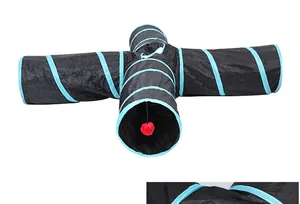 Collapsible 4-way cat tunnel toy in black and blue with hanging red bell ball detail
