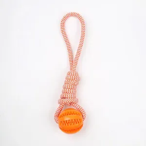 Close-up of orange rubber chew ball with rope for dog teeth cleaning and play