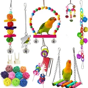 Detailed view of colorful parrot toy set with swings, bells, and wicker balls