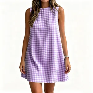 Detailed front view of a purple and white checkered sleeveless summer casual dress