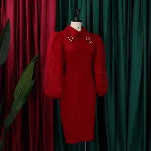 Elegant red long sleeve pencil dress with pearl beaded collar and mesh puff sleeves