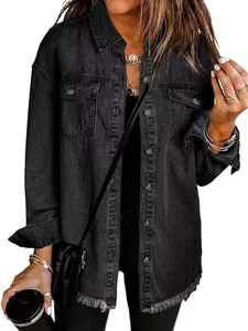 Black washed denim shirt jacket with frayed hem and chest pockets