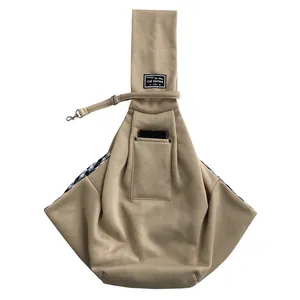 Khaki breathable cotton pet sling carrier shoulder bag with phone pocket and safety leash for cats
