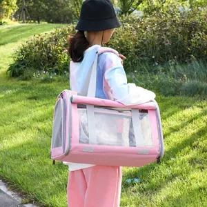 Portable pink mesh breathable pet carrier bag for cats and small dogs in outdoor park