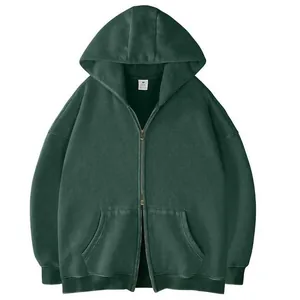 Unisex Oversized Zip Up Hoodie Dubbele Rits Zwaargewicht Sweatshirt Vintage Wassing Casual Losse Verlaagde Schouder Jas
