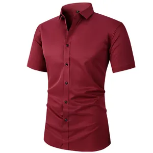 Classic burgundy men's short sleeve stretch button-up shirt for business casual wear