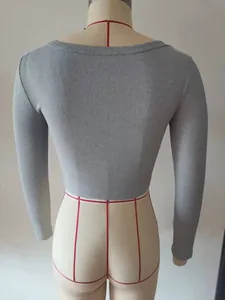Detailed back view of a grey ribbed slim fit cropped long sleeve T-shirt for women