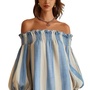 Off-the-shoulder blue striped vacation dress with puff sleeves and wood ear trim detail.