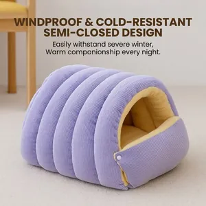 Semi-enclosed warm plush pet bed for cats and small dogs in purple corduroy finish