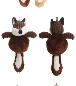 Front and back view of a durable plush fox dog toy with textured fabric and soft fur
