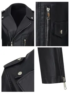 Detailed view of black PU leather motorcycle jacket with lapel and silver zippers