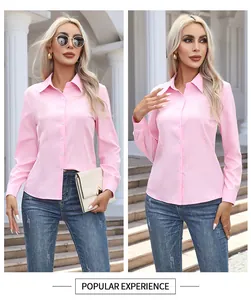Detailed macro view of women's pink long-sleeved button-down casual shirt top design
