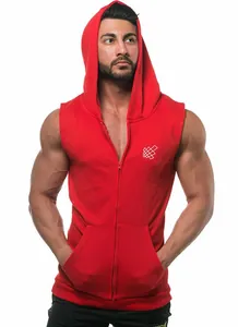 Close-up of a red sleeveless bodybuilding hoodie vest for men showing fit and fabric