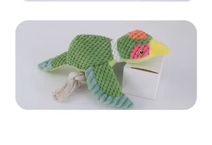 Bird shaped plush dog toy with durable cotton rope tail for interactive play.
