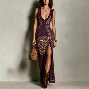 Bohemian digital print sleeveless maxi dress with high slit and V-neck