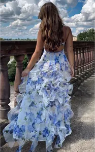 Back view of a chiffon maxi dress with blue floral print and layered ruffles