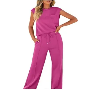 Front view of women's casual magenta two-piece set with sleeveless top and wide-leg pants