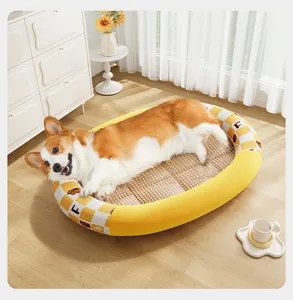 Corgi relaxing on a cooling pet bed with breathable bamboo mat texture