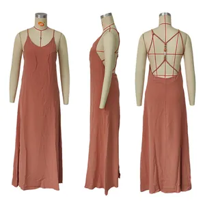 Detail view of terracotta backless maxi dress with crisscross beaded straps