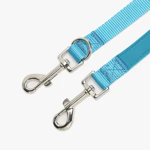 Close-up of durable sky blue nylon pet leash with heavy-duty metal swivel snap hooks