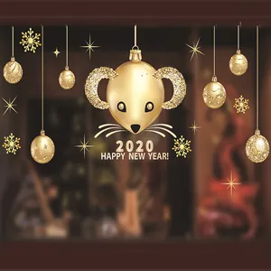 Pegatinas estáticas de ventana de ratón dorado Happy New Year 2020 para decoración