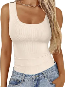 Damen Rippstrick-Oberteil mit Karree-Ausschnitt in Beige ärmelloses Basic-Top