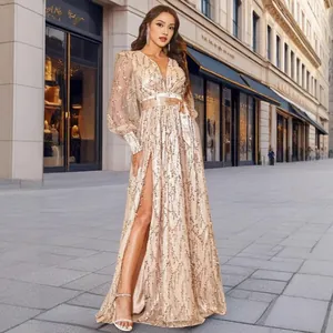 Elegant gold sequined mesh evening gown with V-neck and high slit for gala events