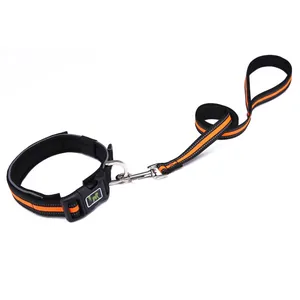 Black and orange reflective heavy-duty dog collar and leash set with safety padding