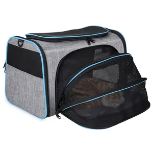Detailed view of gray expandable pet carrier with breathable mesh for cats and dogs