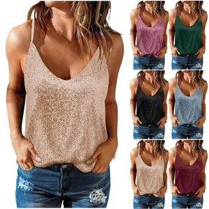 Detailed view of elegant women's sequined V-neck tank top in various sparkling colors