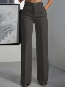 Detail view of women's elegant high-waisted straight-leg dress pants in charcoal grey