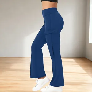 Close-up detail of blue high-waist flared cargo yoga pants with functional side pockets.