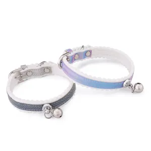 Set de dos collares para mascotas con cascabeles, degradado azul y textura denim gris