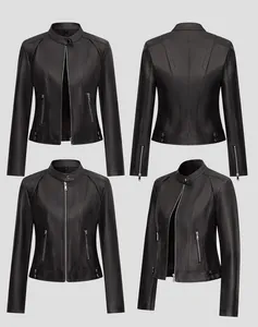 Vues multi-angles d'une veste en similicuir noir ajustée avec un col officier chic.