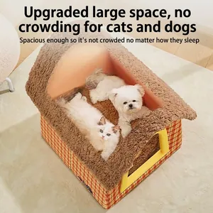Large semi-enclosed warm pet house bed with plush brown roof and checkered base design