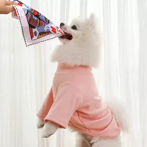 Volpino di Pomerania che morde un giocattolo a forma di carta da poker in maglia rosa.