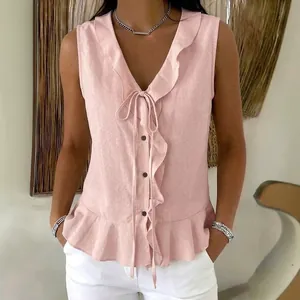 Débardeur élégant rose sans manches à col en V avec volants et lien pour femme