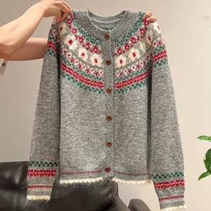 Women American Retro Fair Isle Knitted Cardigan Sweater Sheep Cashmere Blend Floral Pattern Round Neck Button Down Top