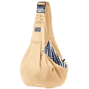 Adjustable beige crossbody pet carrier sling with gingham lining for cats and small dogs